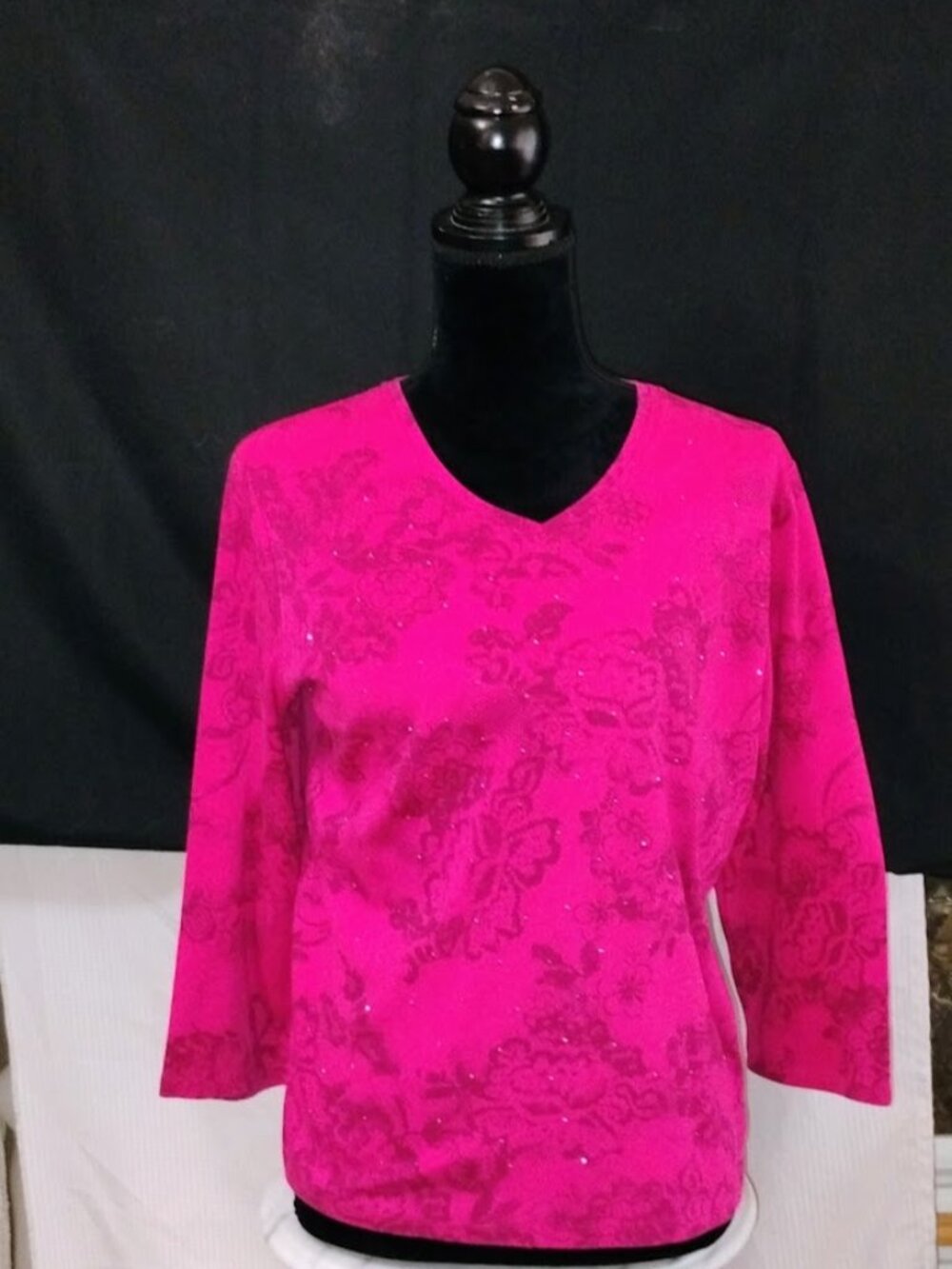 Allison Daley Plus Size Hot Pink Floral V-Neck Top with Sequin Accents - 3/4 Sle